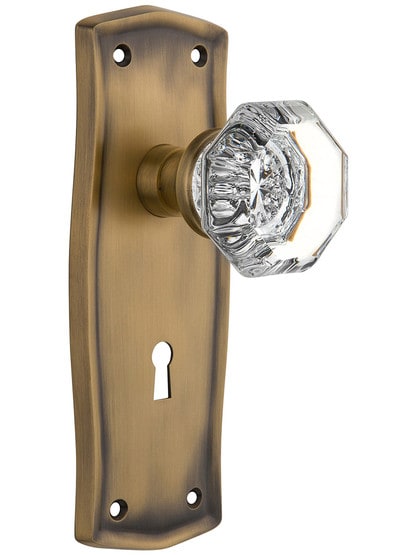 Prairie Style Doorset with Waldorf Crystal Doorknobs in Antique Brass.